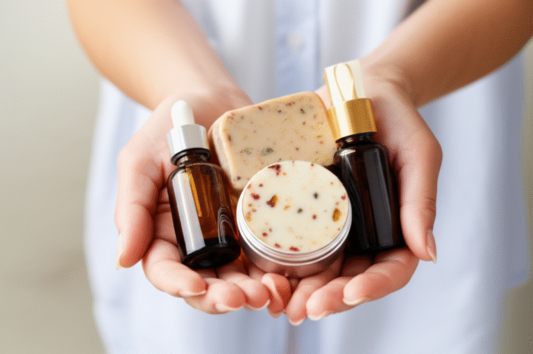 Mãos segurando produtos de beleza veganos e cruelty-free.