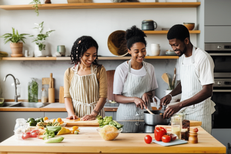 Pessoas cozinhando juntas em uma cozinha vegana.