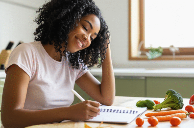 Mulher planejando cardápio vegano em casa