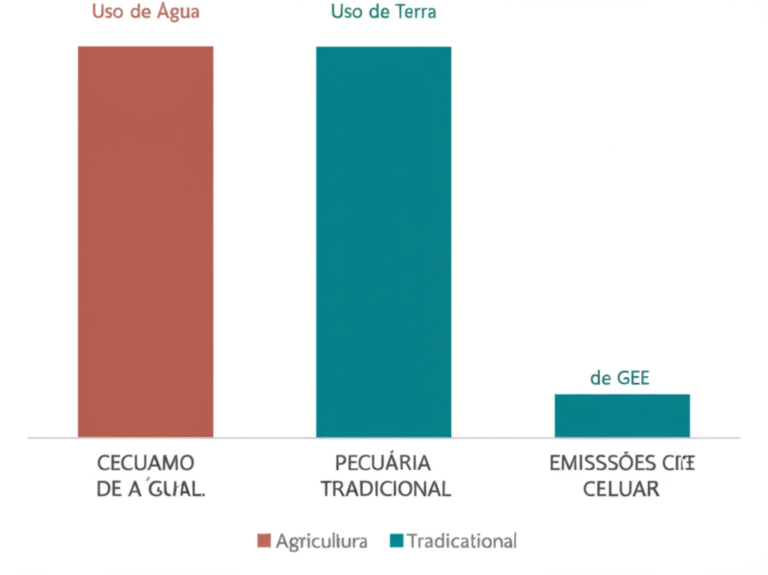 Comparação gráfica do impacto ambiental da pecuária tradicional versus agricultura celular.