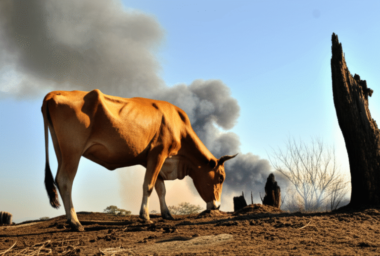 Pecuária e Emissões de Gases Vaca pastando em campo desmatado com fumaça ao fundo.