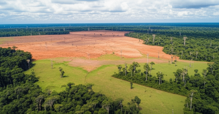 Desmatamento e Pecuária Área desmatada na Amazônia para pastagem.
