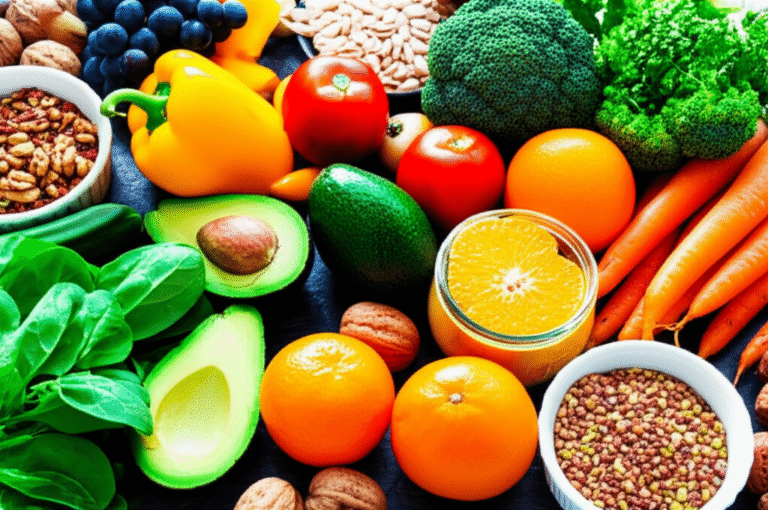 Dieta Vegana Saudável Variedade de frutas e vegetais frescos.