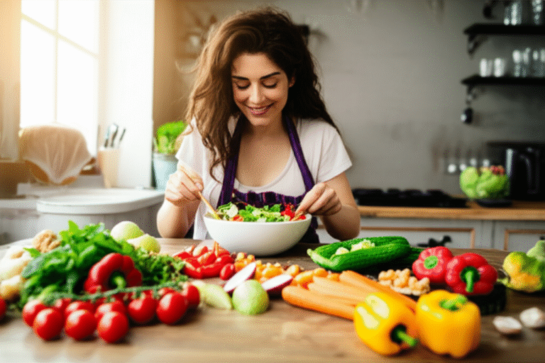 Mulher sorrindo enquanto prepara uma salada colorida