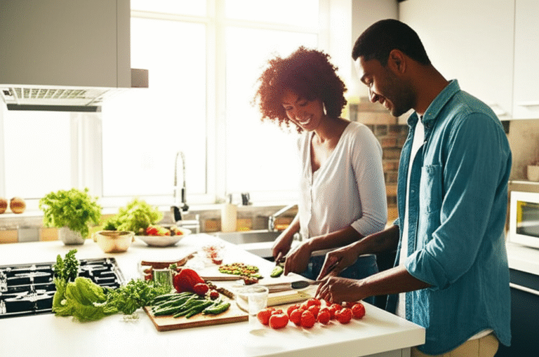 Casal cozinhando juntos em casa, preparando uma refeição vegana