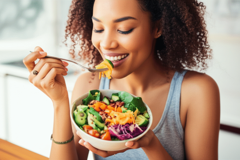 Mulher vegana sorrindo comendo salada colorida.