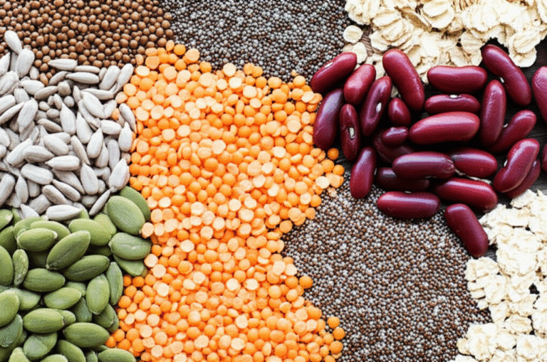 Variedade de leguminosas, grãos e sementes veganas.