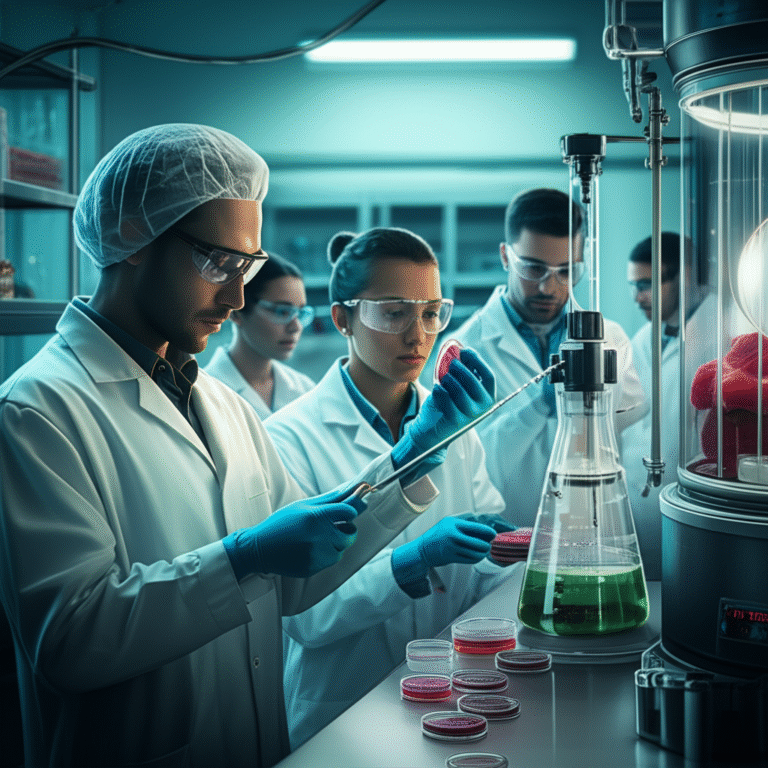Cientistas pesquisando em um laboratório de agricultura celular.
