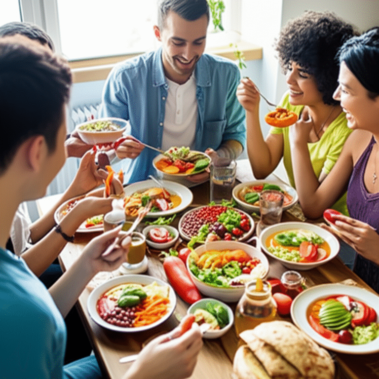 Jovens reunidos em torno de uma mesa com alimentos veganos coloridos.