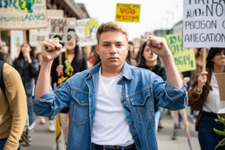 Jovem ativista segurando cartaz em protesto pró-veganismo.