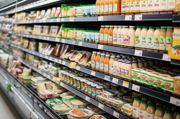 Prateleira de supermercado com variedade de produtos veganos.