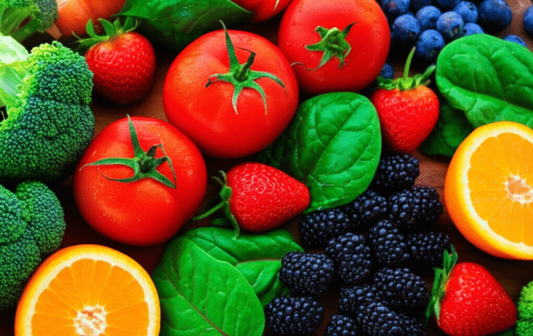 Frutas e vegetais coloridos ricos em antioxidantes.