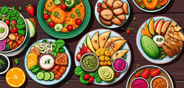 Mesa farta com pratos veganos coloridos