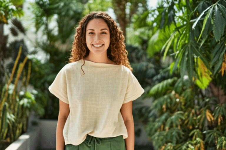 Mulher sorrindo vestindo roupas veganas e sustentáveis.