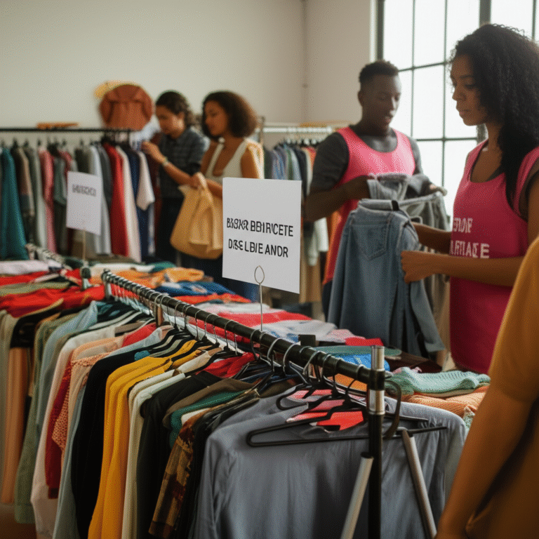 Roupas sendo doadas para um bazar de segunda mão.