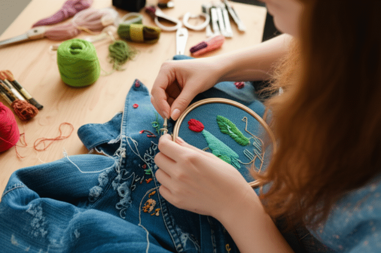 Mulher customizando uma jaqueta jeans com bordados veganos.