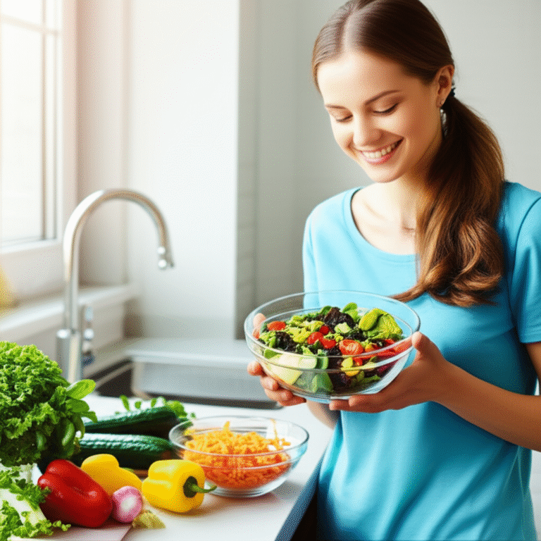 Mulher sorrindo enquanto prepara salada colorida vegana.