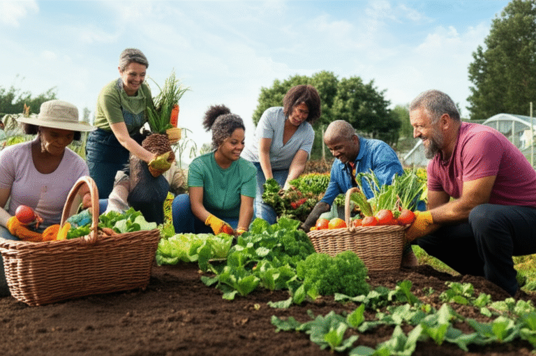 Pessoas trabalhando juntas em uma horta orgânica.
