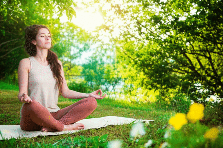 Mulher meditando em um ambiente natural e tranquilo.