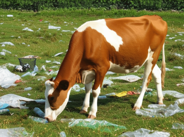 Vaca em pasto com embalagens plásticas descartadas ao fundo