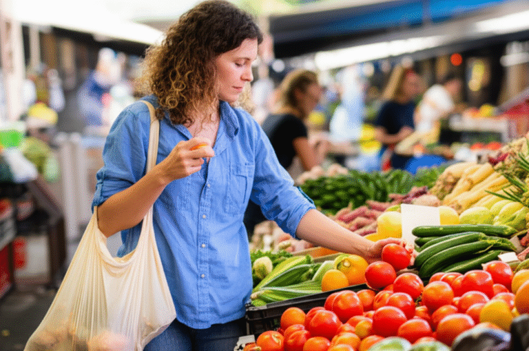 Mulher comprando frutas e legumes em sacola reutilizável
