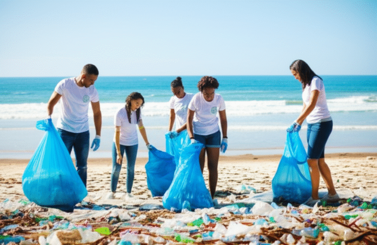 Voluntários limpando praia recolhendo lixo plástico