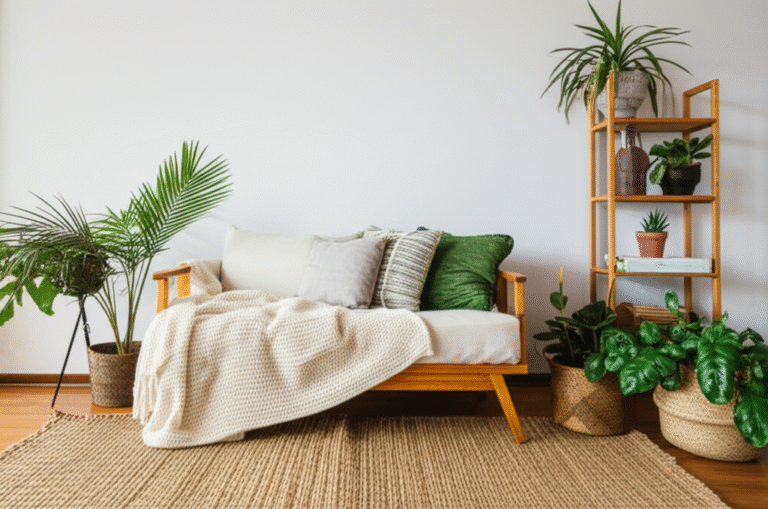 Sala de estar decorada com móveis veganos e sustentáveis