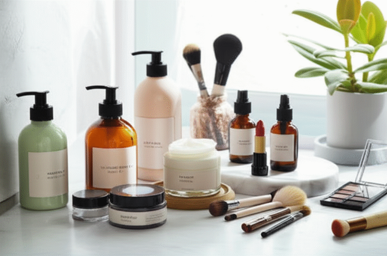 Cosméticos veganos e cruelty-free dispostos em uma bancada