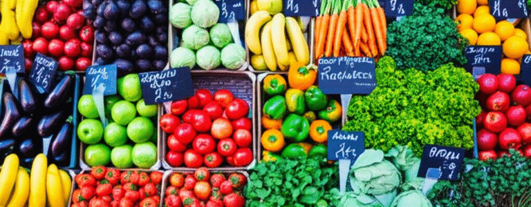 Variedade de frutas e vegetais frescos em uma feira orgânica, representando o veganismo ancestral.