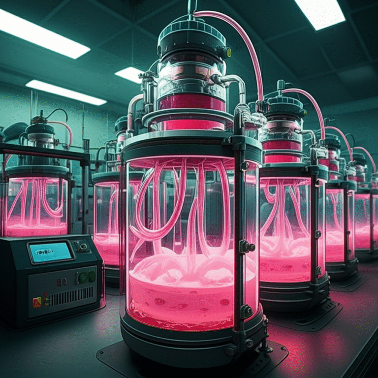 Carne cultivada crescendo em um biorreator em um laboratório.