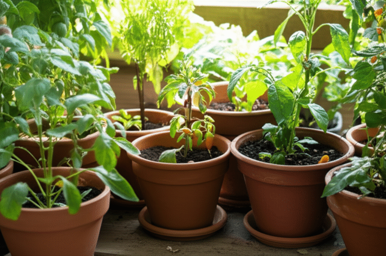 Pequena horta caseira com diversas plantas e vegetais.