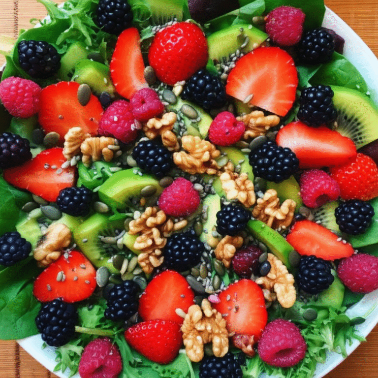 Salada colorida com frutas vermelhas, nozes e sementes, representando alimentos veganos que estimulam a dopamina.
