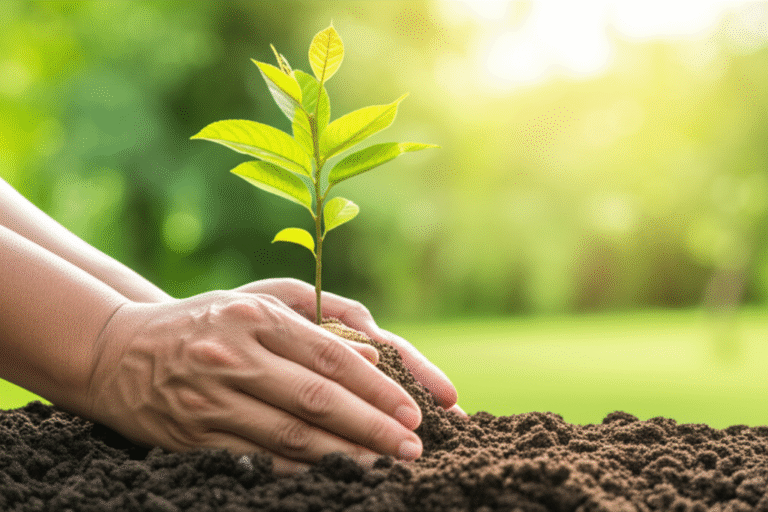 Mãos plantando uma árvore jovem em solo fértil