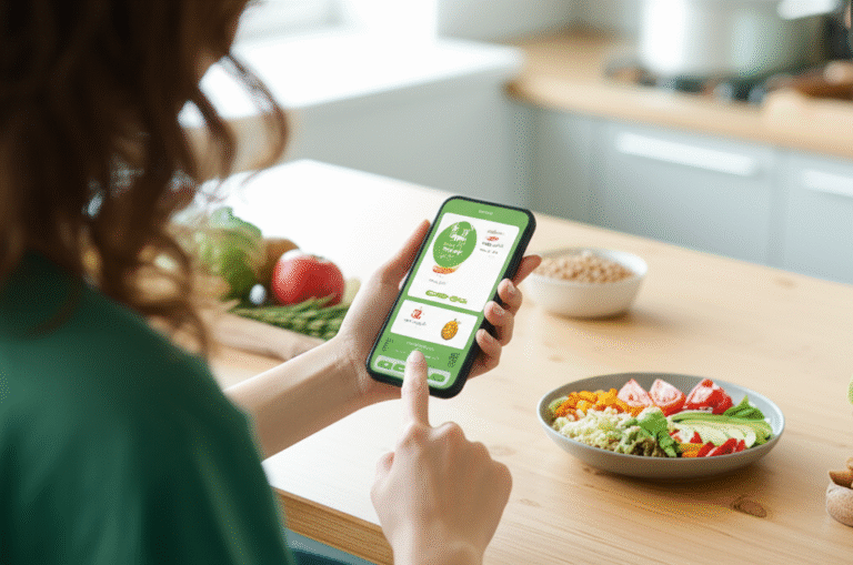 Mulher usando um aplicativo de nutrição vegana no smartphone.