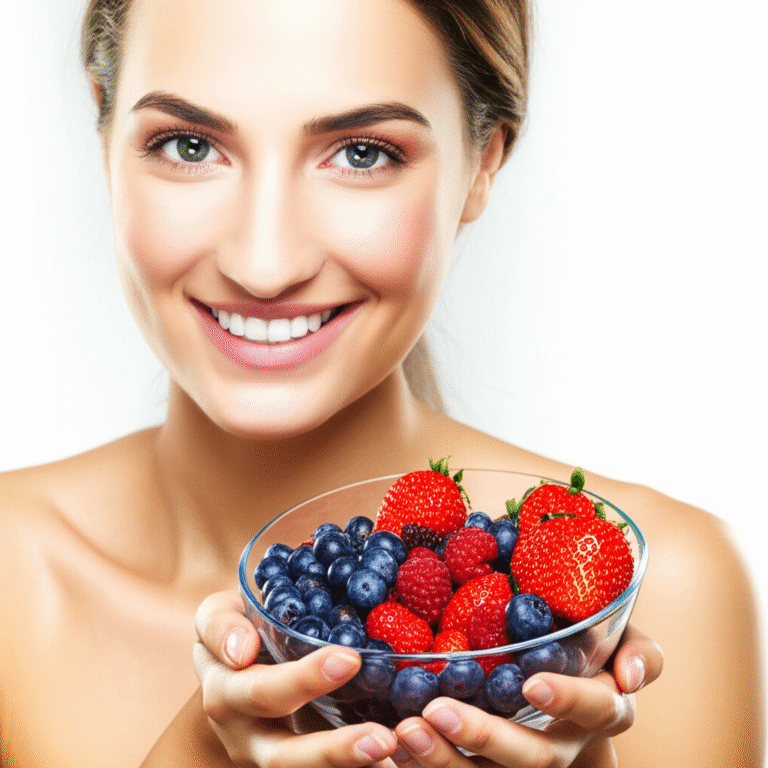 Mulher sorrindo com pele radiante segurando frutas vermelhas