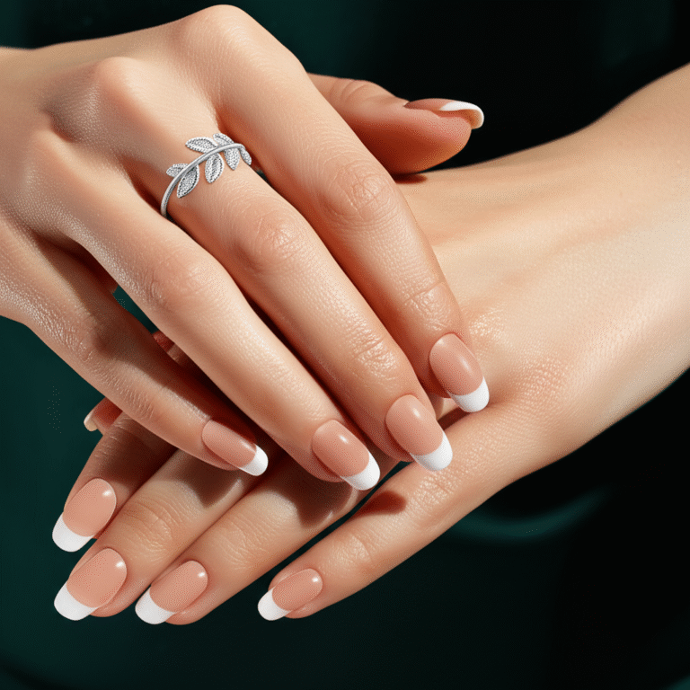 Mãos de uma mulher mostrando unhas fortes e bem cuidadas, com anel de folha