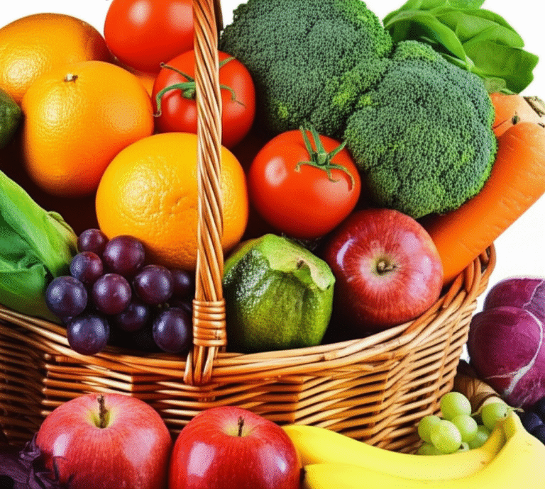 Cesta de frutas e vegetais frescos e coloridos