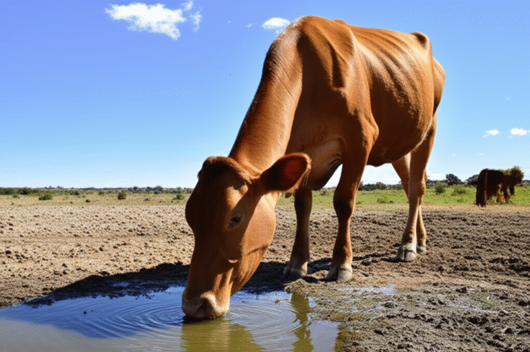 Vaca bebendo água em pasto seco, representando a alta demanda hídrica da pecuária.