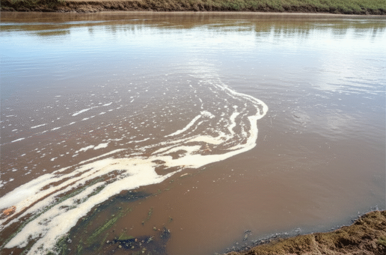 Rio poluído por esgoto da pecuária, mostrando o impacto da agricultura animal na qualidade da água.