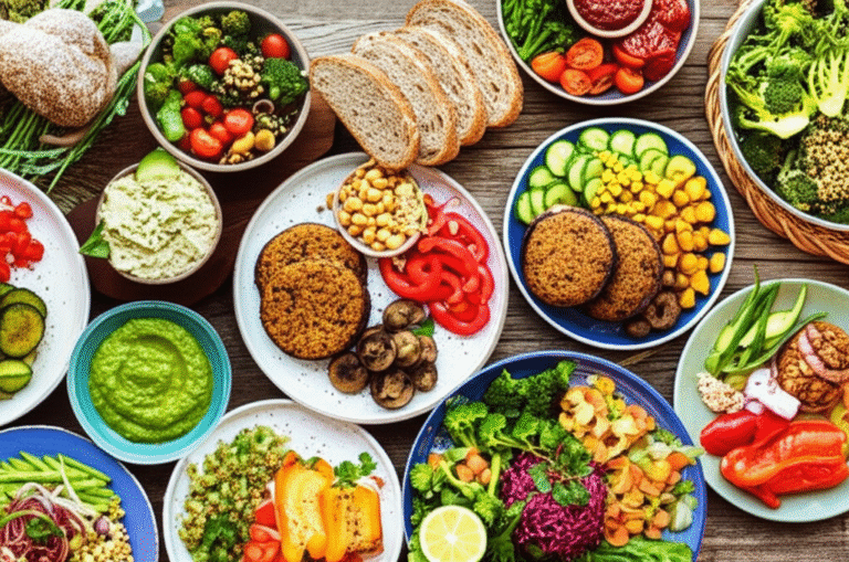 Mesa farta com diversos pratos veganos coloridos, representando uma alimentação sustentável.