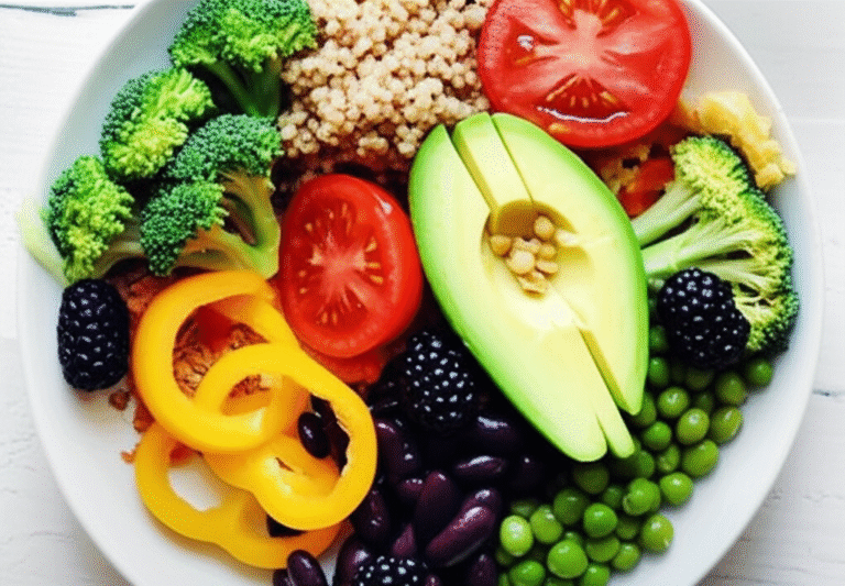 Prato colorido com variedade de frutas e vegetais veganos.
