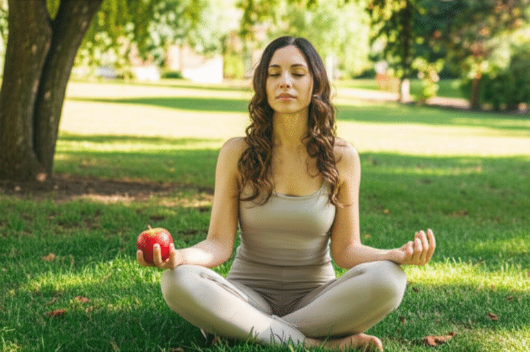 Mulher meditando em meio à natureza, comendo uma maçã.