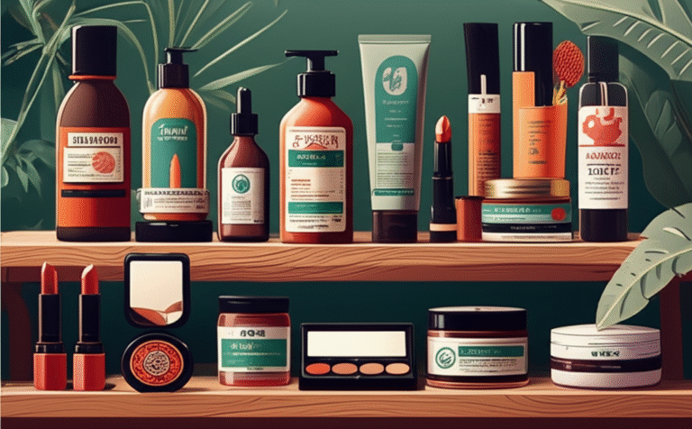 Produtos de beleza veganos e cruelty-free organizados em prateleira.
