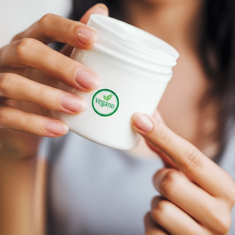 Mulher verificando rótulo de cosmético vegano.