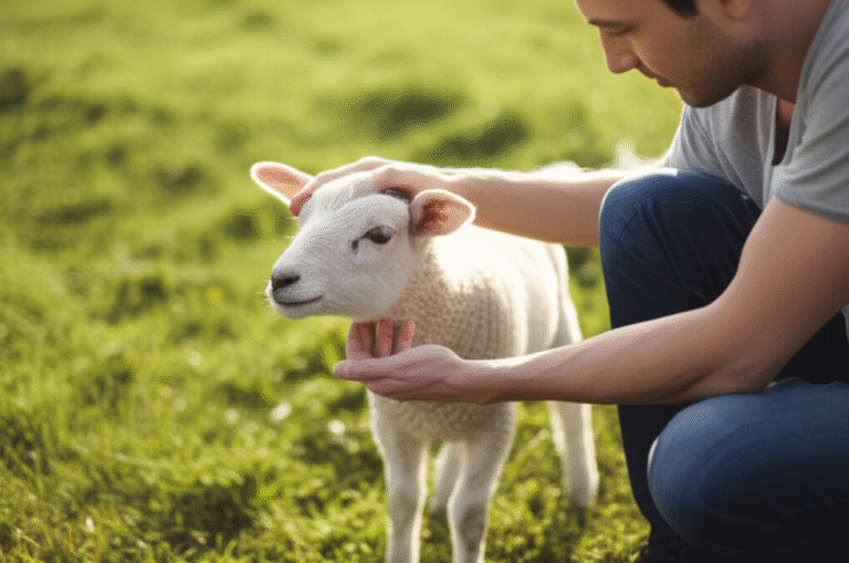 Mãos acariciando um coelho branco em um santuário animal.