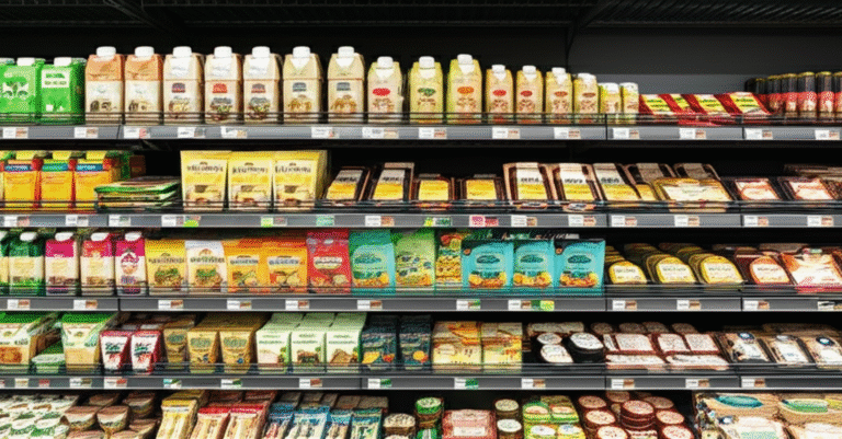 Variedade de Produtos Veganos Prateleira de supermercado com produtos veganos diversos