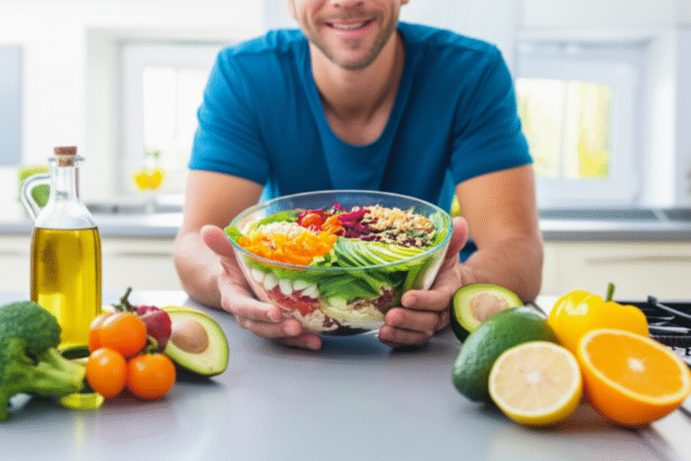 Refeição Vegana Nutritiva Homem vegano preparando refeição rica em nutrientes.