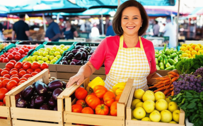 Mulher sorrindo vendendo frutas e vegetais frescos em um mercado local.