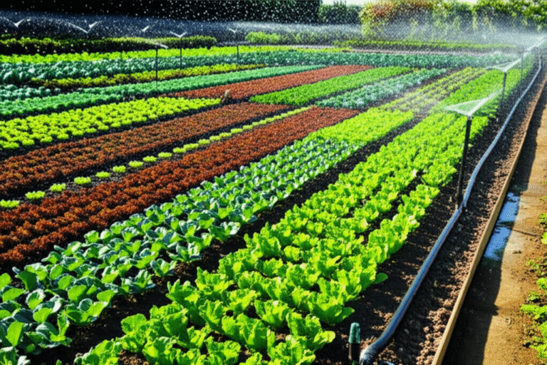 Horta orgânica com vegetais vibrantes e um sistema de irrigação sustentável.