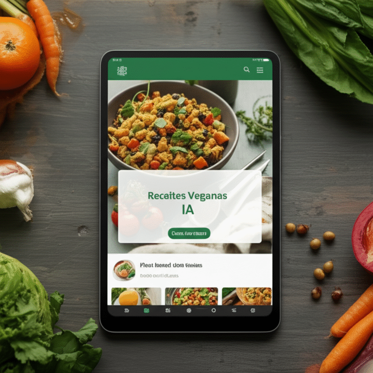 Receitas veganas geradas por IA em um tablet.